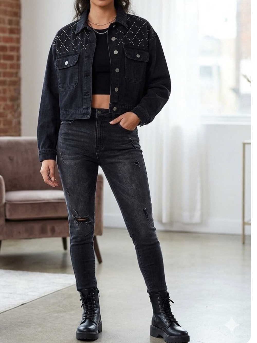 Nasty Gal Black Studded Cropped Denim Jacket - Diamond Accent - Picture 7 of 7